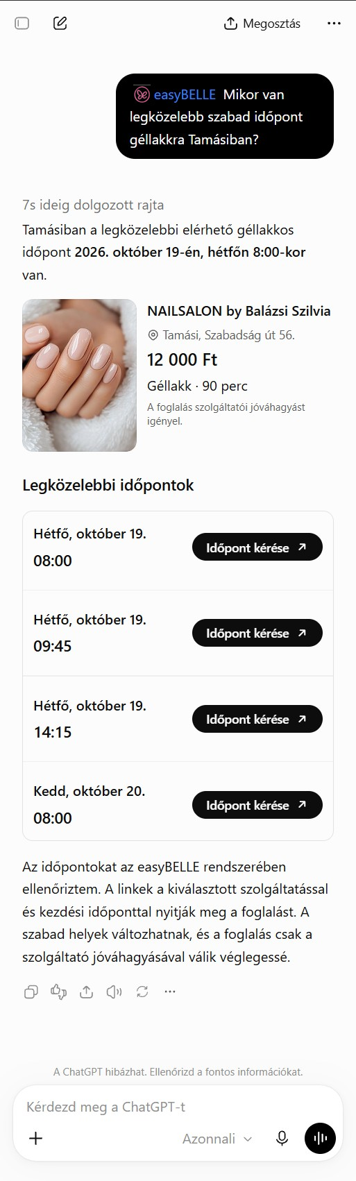 Az easyBELLE a ChatGPT-ben: géllakk keresése Tamásiban, szolgáltatói találat árral, szabad időpontokkal és Időpont kérése gombokkal.